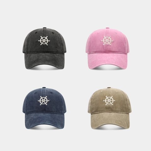 Gorra De Béisbol De Algodón Lavado Bordado De Timón Visera Curva Ajustable Retro Sombrero De Sol Náutico