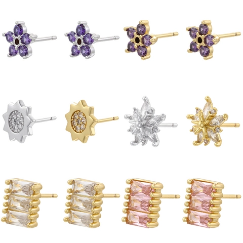 Boucles d'Oreilles Puces en Cuivre Zirconia pour Femmes Fleur Flocon de Neige Étoile à Huit Branches Géométrique Créative