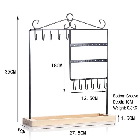 Jewelry Display Stand Iron And Solid Wood Earring Holder Necklace Rack Ring Tray Organizer Minimalist Desktop Storage