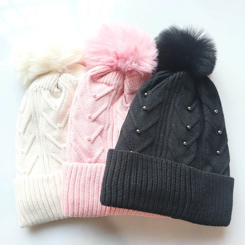 Damen Strickmütze Fleece Gefüttert Kunstfell Bommel Perlen Warm Winter Outdoor Umschlag Ski Mütze