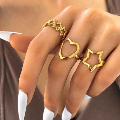 Hollow Heart Star Stainless Steel Rings Adjustable Open Fashion Gold Silver Tone Jewelry For Women Chic