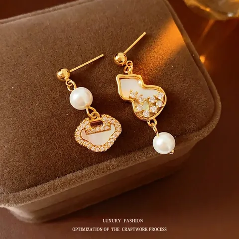 Asymmetric Drop Earrings Copper Gold Plated With Mother Of Artificial Pearl Zircon Faux Artificial Pearl Silver Earring Post Gourd Ruyi Lock
