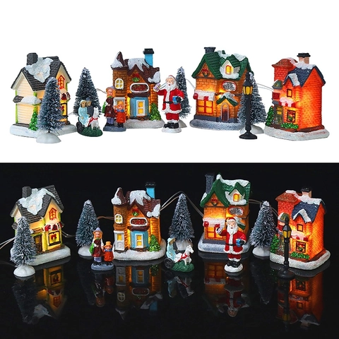 Weihnachtsmanndorf Miniaturhäuser Harz LED Leuchtend Handbemalt Verschneite Stadtszene Schreibtisch Urlaubsdeko Nordischer Stil
