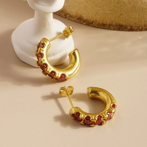 Vintage Roestvrijstalen C-Vormige Strass Hoop Oorbellen Voor Vrouwen Retro Goud Zilver Verguld Rood Strass Plaveien Oorknopjes Mode Sieraden