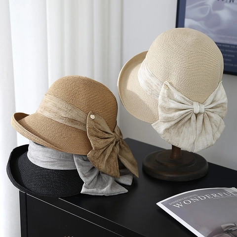 Women Straw Bucket Hat Woven Sun Protection Elegant Large Bow Metal Decor Vintage Style Breathable Summer Beach Travel