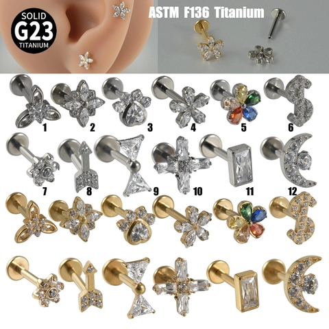 G23 Titane Labret Stud Anneau De Lèvre Filetage Interne Dos Plat Boucle D'oreille Cartilage Zircone Fleur Croix Lune Bijoux