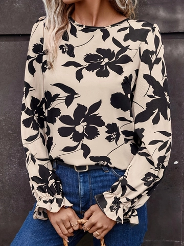 Floral Print Blouse Polyester Spandex Backless Lace-up Bow Long Sleeve Ruffle Cuffs Casual Slim Fit Women Top Shirt