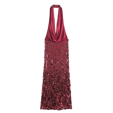 Damen Pailletten Neckholder Maxikleid Rückenfrei Bodycon Abendparty Kleid Weinrot Ärmellos Elegant Bankett