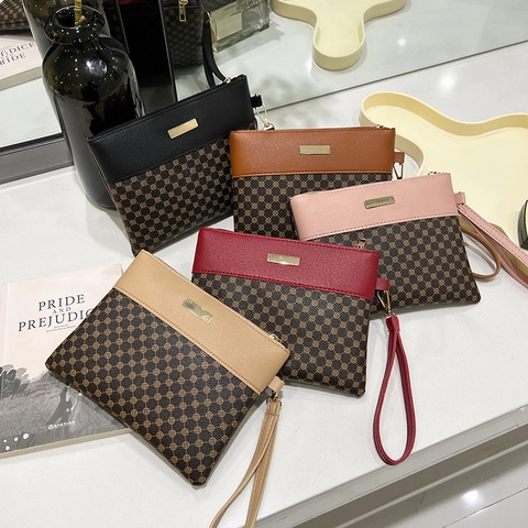 Damen PU Leder Clutch Tasche Mit Abnehmbarer Handschlaufe Retro Geometrischer Druck Patchwork Reißverschluss Handtasche