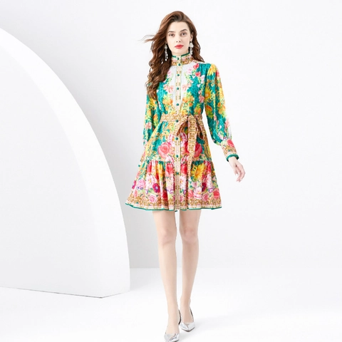 Floral Print Chiffon Minikleid Stehkragen Laternenärmel Grün Vintage Barock Elegantes Gürtelkleid Für Damen