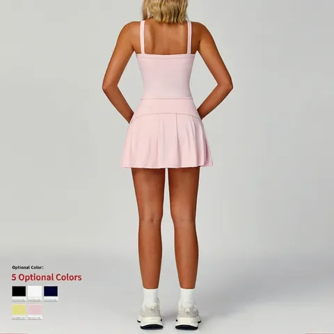 Dames Sportkleding Outfit Nylon Spandex Naked-Feel Ademend Tanktop En Plooirok Voor Yoga Tennis Golf Fitness