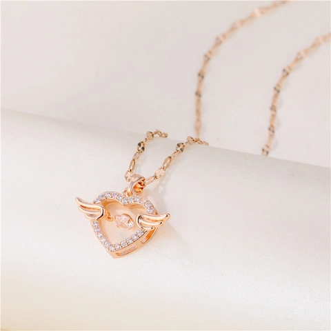 Heart Angel Wings Pendant Necklace Rose Gold Titanium Steel Brass With Zirconia Sparkly Clavicle Chain For Women