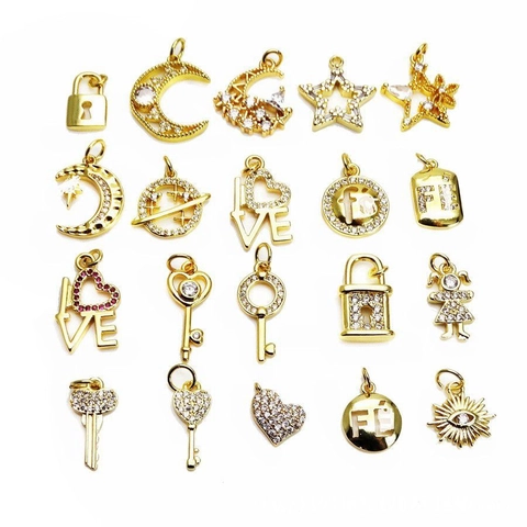 Gold Plated Copper Charms Cubic Zirconia Moon Star Heart Key Lock Pendants For DIY Jewelry Necklace Bracelet Accessories