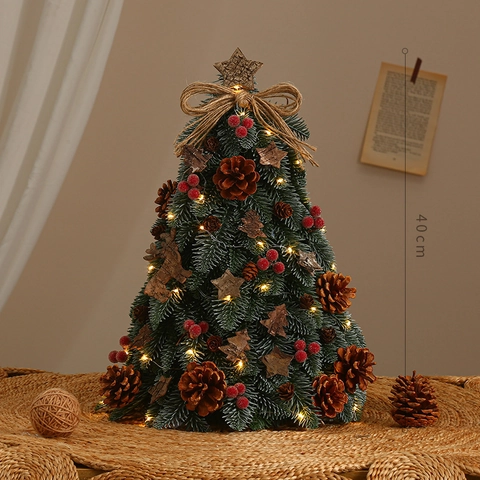 Mini Tabletop Christmas Tree LED Lights Snowy PE Noble Fir Ornaments Pine Cones Berry Bows For Home Desktop Office Festival Decoration