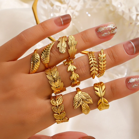 Leaf Opening Ring 18K Gold Plated Stainless Steel Adjustable Retro Feather Jewelry For Women
