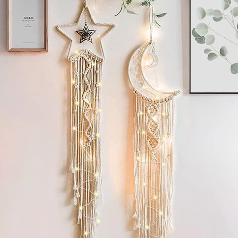 Handmade Macrame Wall Hanging Bohemian Cotton Rope Tapestry Tassel Moon Star Dream Catcher Decorative For Home Bedroom