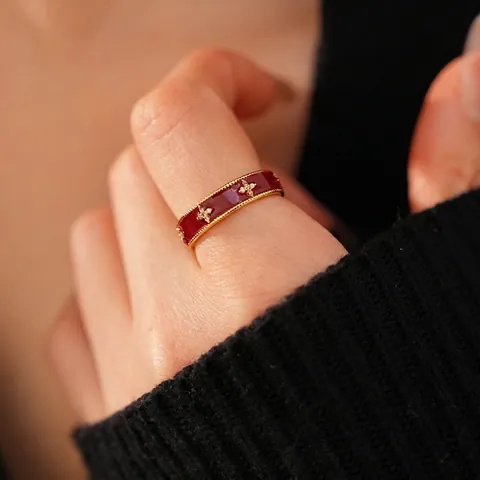 Retro Roter Emaille Offener Ring Für Damen 18K Vergoldetes Kupfer Mit Zirkon Kreuz Stern Verstellbarer Vintage Band Schmuck