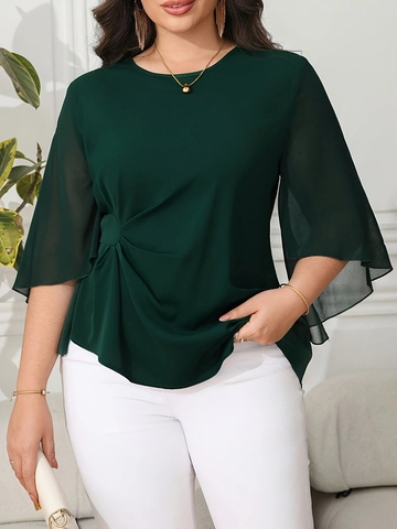 Damen Übergröße Bluse Schiffon Dunkelgrün Glockenärmel Raffung Twist Taille Elegant Rundhals Oberteil