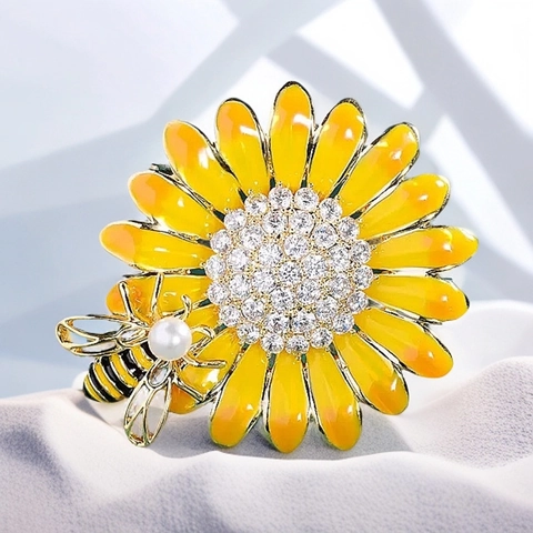 Elegante Spilla Girasole E Ape Smalto Lega Strass Margherita Corsage Con Perla Artificial Imitazione Gioielli Per Donne