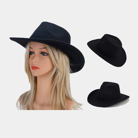 Vintage Wide Brim Fedora Hat Solid Color Cotton Polyester Blend Wool Felt Cowboy Panama Hat For Men Women
