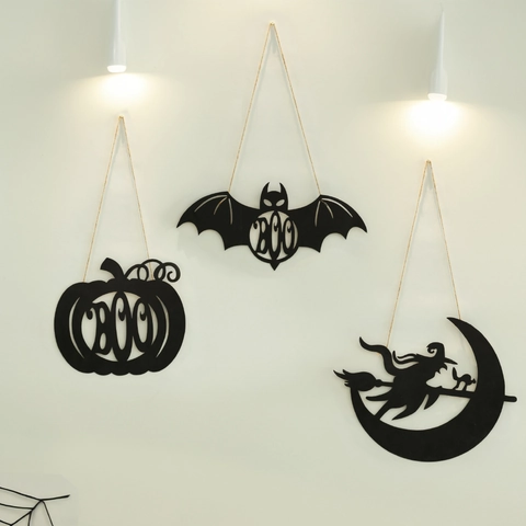 Halloween Κρεμαστά Διακοσμητικά Πόρτας Σιδερένια Μάγισσα Κολοκύθα Και Νυχτερίδα Σιλουέτα Boo Διακοσμητικό Τοίχου Μαύρο