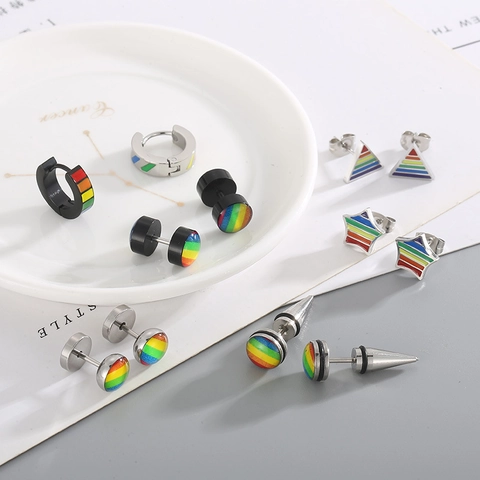 Stainless Steel Rainbow Geometric Stud Earrings For Men Women Fashion Hip Hop Streetwear Triangle Star Round Enamel Jewelry