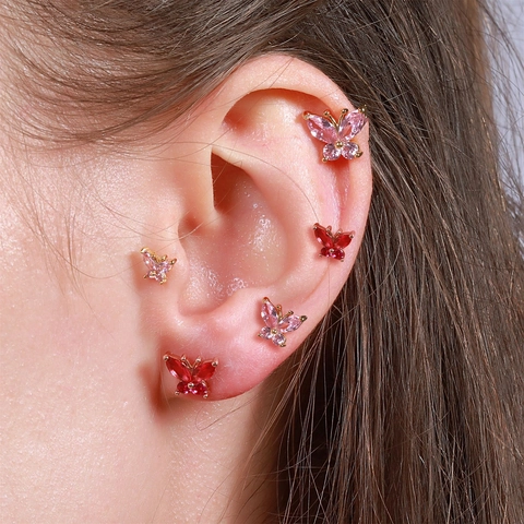 Butterfly Cartilage Stud Earrings Copper Cubic Zirconia Inlay Stainless Steel Earring Post Screw Back Sweet Jewelry Women