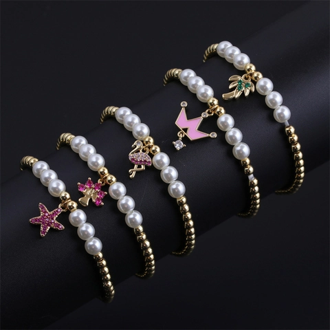 Pulsera De Cuentas Bohemia Mujer Cobre Chapado En Oro Con Perlas Artificiales De Imitación Y Dijes De Esmalte Circón Moda Playa