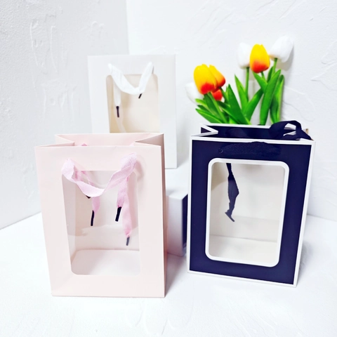 Gift Packaging Bag With Clear Window Cardboard Handbag For Wedding Party Bouquet Flower Portable Minimalist Marble Pattern