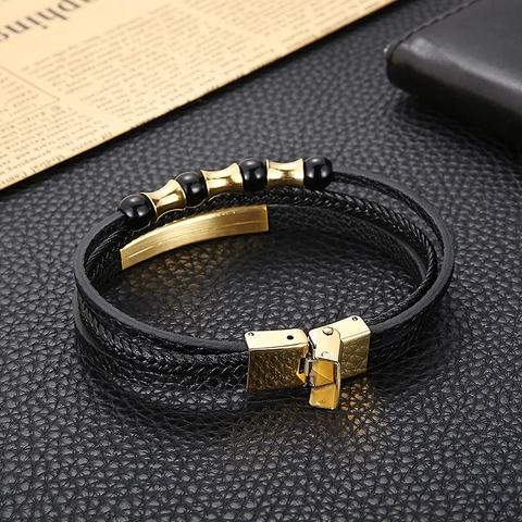 Bracciale In Pelle Intrecciata Multistrato Con Chiusura Magnetica In Acciaio Inossidabile Perline Punk Gioielli Uomo