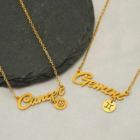 Zodiac Name Pendant Necklace Stainless Steel 18K Gold Plated Constellation English Letter Minimalist Jewelry For Women Men