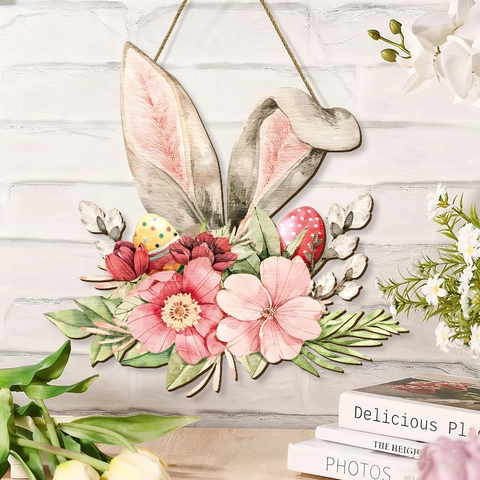 Pasqua Coniglio Targa Porta In Legno Orecchie Di Coniglio Floreali Decorazione Da Appendere Con Corda Di Canapa Arredamento