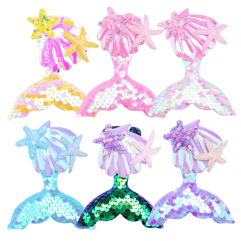 Kids Girls Mermaid Tail Sequin Hair Clips With Sparkly Shell Starfish Decor Colorful Alligator Hairpins