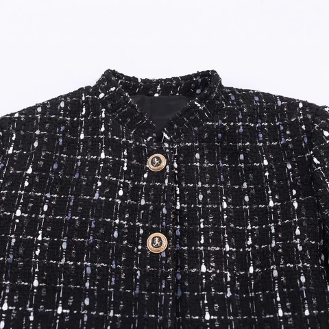 Vintage Damen Schwarz Tweed Jacke Elegant Metallknöpfe Texturierte Langarm Rundhals Blazer Oberbekleidung Office Lady