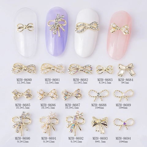 Nail Art Bowknot Charms 3D Alloy Rhinestone Artificial Pearl Manicure DIY Decoration Luxury Elegant Jewelry Accessories
