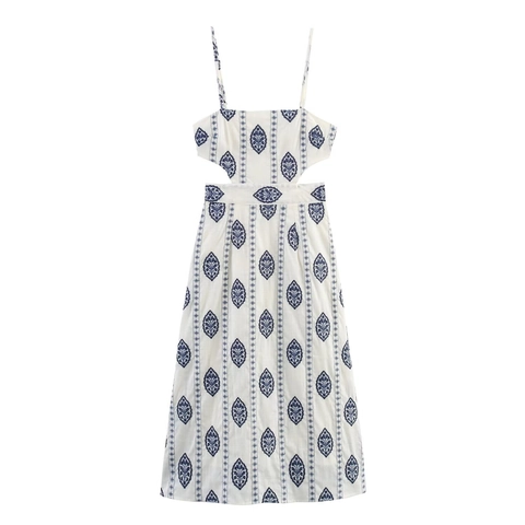 Damen Stickerei Camisole Midi Kleid Polyester Hohlraum Rückenfrei A-Linie Boho Urlaub Mode Elegantes Kleid