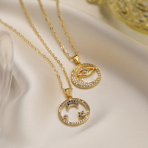 Evil Eye Ster Maan Hanger Ketting 18K Verguld Koper Cubic Zirconia Chique Geometrische Sieraden Voor Dames
