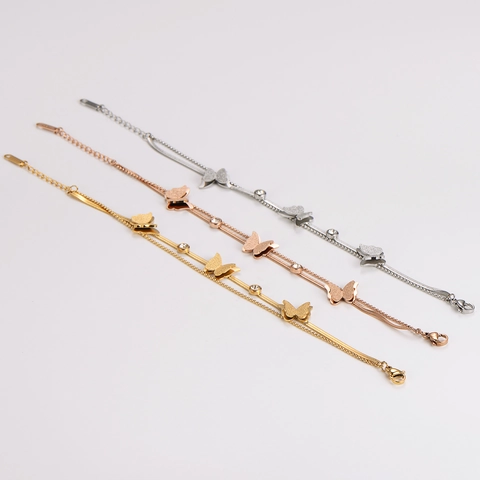 Butterfly Pendant Bracelet Stainless Steel Double Layer Snake Bead Chain Adjustable Elegant Jewelry For Women