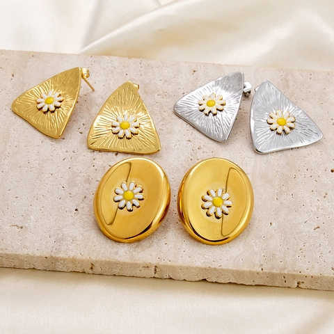 Minimalist Stainless Steel Daisy Stud Earrings For Women Gold Silver Plated Enamel Geometric Triangle Oval Floral Jewelry Gift