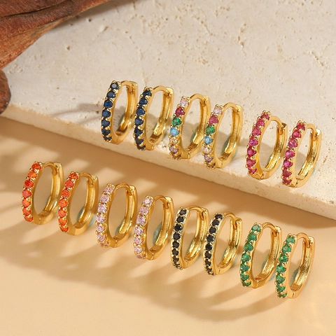 Minimalist Copper Huggie Hoop Earrings Gold Plated Cubic Zirconia Vintage Colorful Geometric For Women