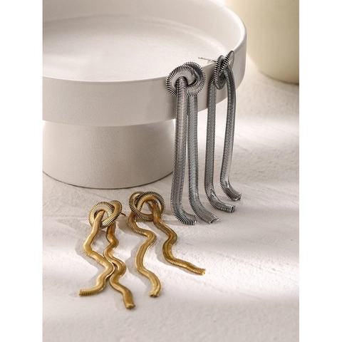 Stainless Steel Snake Chain Tassel Earrings Knot Design Wavy Drop Earrings Gold Silver Plated Women Fashion Jewelry Gift