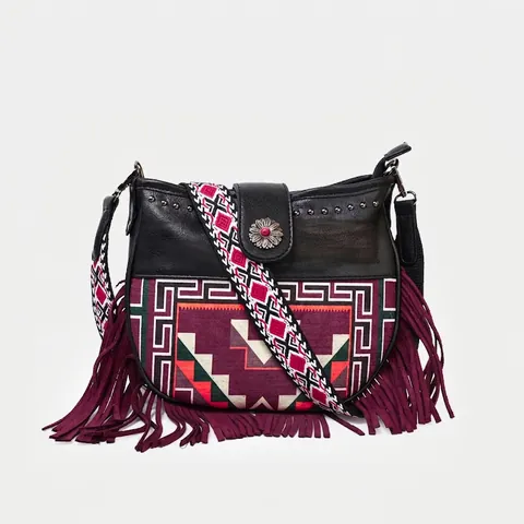Women Bohemian Crossbody Bag PU Leather Fringe Tassel Geometric Jacquard Strap Retro Rivet Saddle Purse