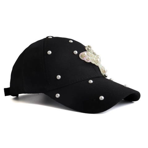 Fashion Baseball Cap Artificial Pearl Butterfly Rhinestone Cotton Sun Hat Sparkly Korean Style Women Adjustable Breathable