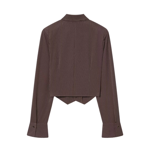Women Striped Crop Blouse Long Sleeve V Neck Shoulder Pads Polyester Shirt Gold Buttons Pointed Hem Chic Elegant Top