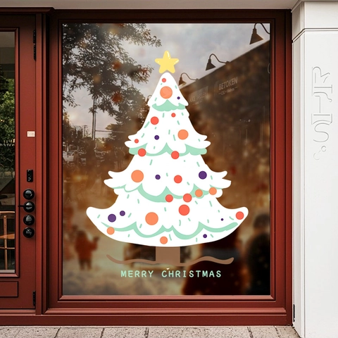 White Christmas Tree Window Sticker PVC Static Cling Double Sided Merry Christmas UV Print Holiday Glass Door Shop Decor