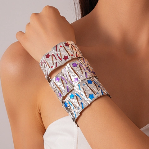 Bracciale Rigido Largo In Lega Donna Smalto Motivo A Stelle Geometrico Elastico Personalizzato Punk Gioielli