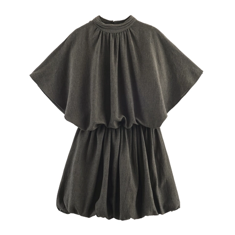 Women Elegant Mini Balloon Dress Short Sleeves Round Neck Pleated Solid Acetate Satin Fashionable Casual Summer Chic