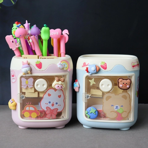 Kawaii Pen Holder Desktop Storage Box Plastic Mini Fridge Shape Large Capacity Stationery Organizer For Kids Students