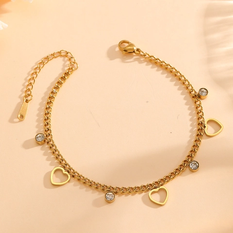 Hollow Heart Cubic Zirconia Bracelet For Women 18K Gold Plated Stainless Steel Adjustable Delicate Jewelry Charm