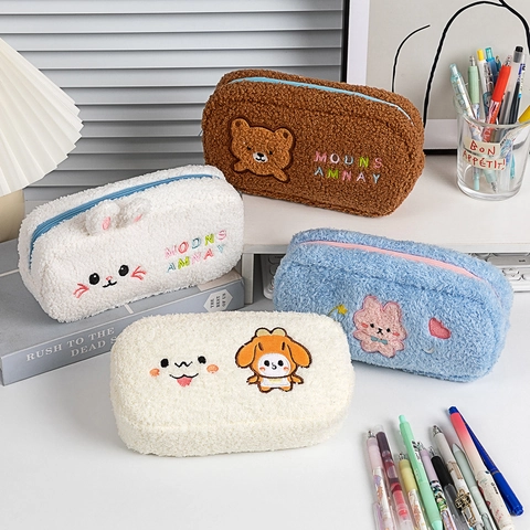 Schattige Pluche Lamswol Etui Grote Capaciteit Cartoon Dier Beer Konijn Student Briefpapier Tas Organizer